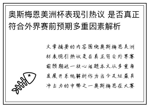 奥斯梅恩美洲杯表现引热议 是否真正符合外界赛前预期多重因素解析